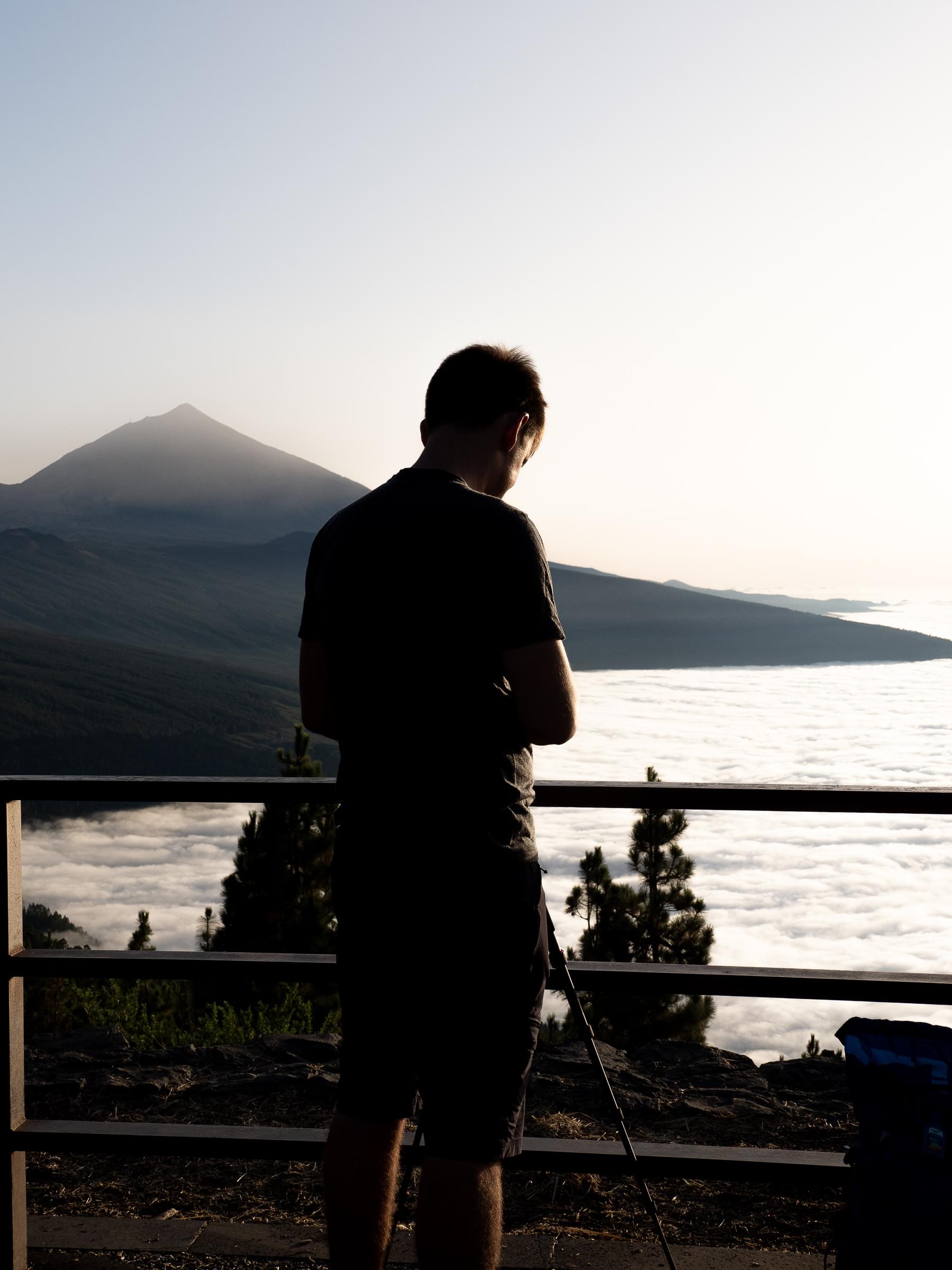 Me (Claas Lange) shot from behind as a silhouette overlooking a sunset on Tenerife with the Teide in the background
